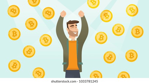 Young caucasian successful investor standing with raised hands under bitcoin coins rain and celebrating financial success in investment to blockchain network technology. Vector cartoon illustration.