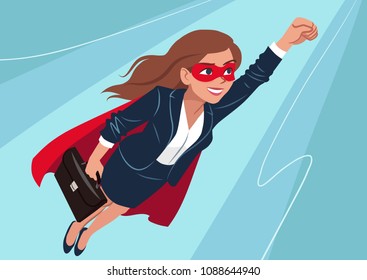 Young Caucasian superhero woman wearing business suit and cape, flying through air in superhero pose, on aqua background. Vector cartoon character illustration, business, achievement, goals theme.