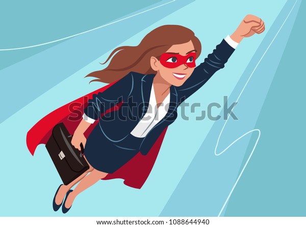 水色の背景にスーパーヒーローポーズで空中を飛ぶ ビジネススーツとケープを着た白人の若いスーパーヒーロー女性 ベクター漫画のキャラクターイラスト ビジネス 実績 目標のテーマ のベクター画像素材 ロイヤリティフリー