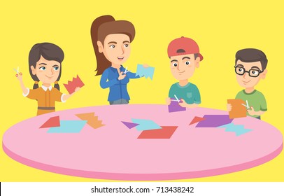 Young caucasian teacher and preschoolers using scissors to make decoration from colorful paper. Children cutting paper with scissors in preschool. Vector sketch cartoon illustration. Square layout.