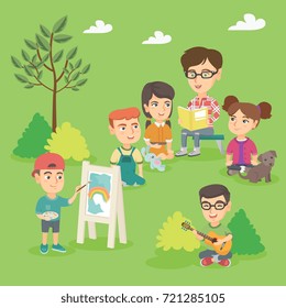 Young caucasian teacher reading a book to little boys and girls outdoor at the summer camp. Teacher with her elementary school kids in the park. Vector sketch cartoon illustration. Square layout.