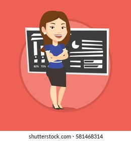 Young caucasian teacher standing in classroom. Smiling teacher standing in front of chalkboard. Teacher standing with folded arms. Vector flat design illustration in the circle isolated on background.