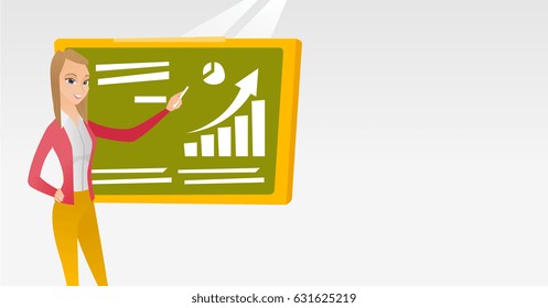 Young caucasian teacher standing in classroom. Teacher standing in front of the blackboard with a piece of chalk in hand. Teacher writing on board. Vector flat design illustration. Horizontal layout.