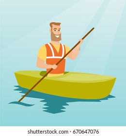 Young caucasian traveler man traveling by kayak. Happy sportsman riding a kayak on the river. Traveling man paddling a canoe. Sport and tourism concept. Vector flat design illustration. Square layout.