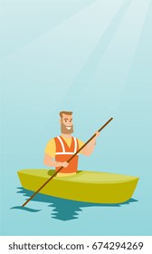 Young caucasian traveler man traveling by kayak. Sportsman riding a kayak on the river. Traveling man paddling a canoe. Sport and tourism concept. Vector flat design illustration. Vertical layout.