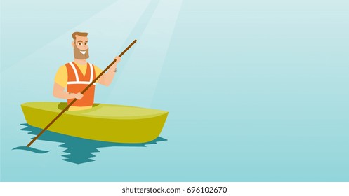 Young caucasian traveler man traveling by kayak. Sportsman riding a kayak on the river. Traveling man paddling a canoe. Sport and tourism concept. Vector flat design illustration. Horizontal layout.