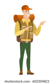 Young caucasian traveler pointing to the side. Cheerful traveler pointing his finger to the side. Traveler pointing to the right side. Vector flat design illustration isolated on white background.