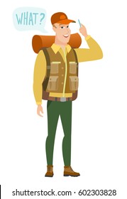 Young caucasian traveler with question what in speech bubble. Full length of smiling traveler with text what in speech bubble. Vector flat design illustration isolated on white background.