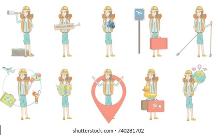 Young caucasian traveler set. Traveler looking through spyglass, holding tablet with text anywhere, making photo with a camera. Set of vector sketch cartoon illustrations isolated on white background.