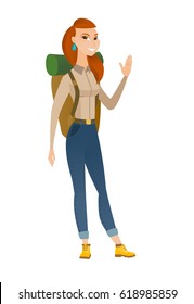 Young caucasian traveler waving her hand. Full length of happy traveler waving her hand. Traveler making greeting gesture - waving hand. Vector flat design illustration isolated on white background.