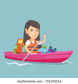 Young caucasian traveler woman riding a kayak on the river. Cheerful traveler woman traveling by kayak. Concept of travel and tourism. Vector cartoon illustration. Square layout.