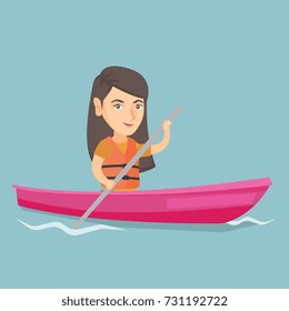 Young caucasian traveler woman traveling by kayak. Sportswoman riding a kayak on river. Traveling woman paddling a canoe. Sport and tourism concept. Vector cartoon illustration. Square layout.