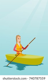 Young caucasian traveler woman traveling by kayak. Sportswoman riding a kayak on river. Traveling woman paddling a canoe. Sport and tourism concept. Vector flat design illustration. Vertical layout.