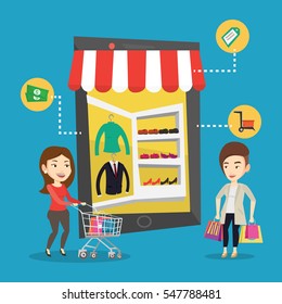 Young caucasian two women doing online shopping. Smiling women using mobile shopping. Happy people walking in store that looks like tablet computer. Vector flat design illustration. Square layout.