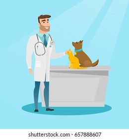 Young caucasian veterinarian doctor examining pets in hospital. Happy veterinarian doctor with pets at vet clinic. Concept of medicine and pet care. Vector flat design illustration. Square layout.