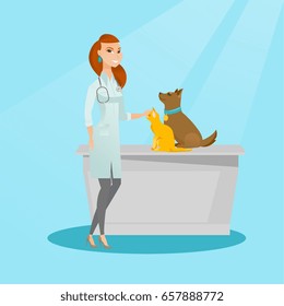 Young caucasian veterinarian doctor examining pets in hospital. Happy veterinarian doctor with pets at vet clinic. Concept of medicine and pet care. Vector flat design illustration. Square layout.