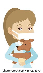 Young caucasian veterinarian holding dog. Veterinarian in medical mask carrying a dog. Female veterinarian examining dog. Pet care concept. Vector flat design illustration isolated on white background