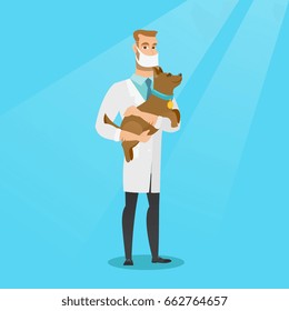 Young caucasian veterinarian holding a dog. Veterinarian doctor in medical mask carrying a dod. Veterinarian doctor examining a dog. Pet care concept. Vector flat design illustration. Square layout.