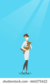 Young caucasian veterinarian holding a dog. Veterinarian doctor in medical mask carrying a dod. Veterinarian doctor examining a dog. Pet care concept. Vector flat design illustration. Vertical layout.