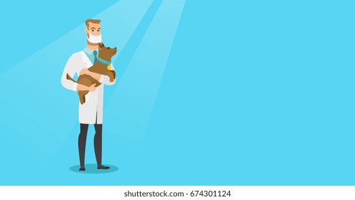 Young caucasian veterinarian holding a dog. Veterinarian doctor in medical mask carrying a dod. Veterinarian doctor examining dog. Pet care concept. Vector flat design illustration. Horizontal layout.