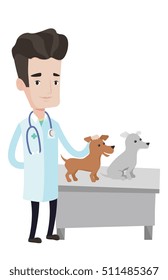 Young caucasian veterinarian with stethoscope. Veterinarian examining dogs in hospital. Male veterinarian with dogs at vet clinic. Vector flat design illustration isolated on white background.