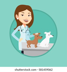 Young caucasian veterinarian with stethoscope examining dogs in hospital. Veterinarian with dogs at vet clinic. Pet care concept. Vector flat design illustration in the circle isolated on background.