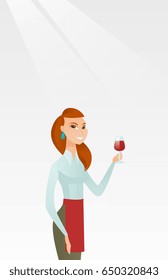 Young caucasian waitress holding a glass of red wine in hand. Waitress looking at a glass of red wine. Smiling waitress examining wine in a glass. Vector flat design illustration. Vertical layout.