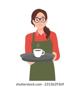 Young caucasian waitress holding a tray with two cups of tea or coffee and a glass of water. Waitress standing with a tray with cups of hot coffee. Flat vector illustration isolated on white backgroun