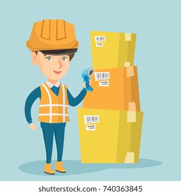 Young caucasian warehouse worker holding a scanner and scanning the barcode on the box. Warehouse worker checking the barcode of the box with a scanner. Vector cartoon illustration. Square layout.