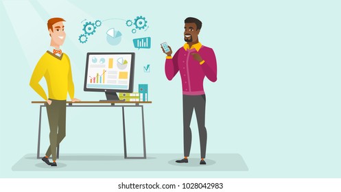 Young caucasian white and african-american businessmen making business presentation on a computer on the topic of the growth of sales of mobile phones. Vector cartoon illustration. Horizontal layout.