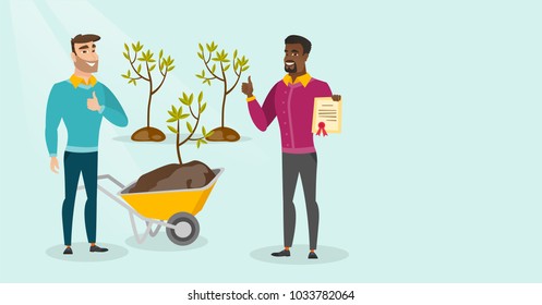 Young caucasian white and african-american men plant tree. Men giving thumb up while standing with wheelbarrow and certificate near newly planted trees. Vector cartoon illustration. Horizontal layout.