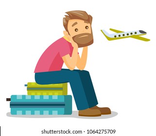Young caucasian white airplane passenger frightened by future flight. Man suffering from fear of flying. Terrified man waiting for a flight. Vector cartoon illustration isolated on white background.