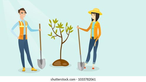 Young caucasian white and asian women plant a tree. Cheerful women standing with shovels near newly planted tree. Environmental protection concept. Vector cartoon illustration. Horizontal layout.