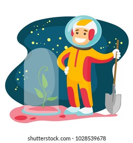 Young caucasian white astronaut planting a tree on a new planet. Cosmonaut with a shovel standing near newly planted tree under the hood. Vector cartoon illustration isolated on white background.