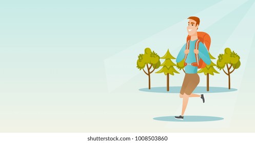 Young caucasian white backpacker with a backpack walking outdoor. Cheerful backpacker hiking in the forest during summer trip. Vector cartoon illustration. Horizontal layout.
