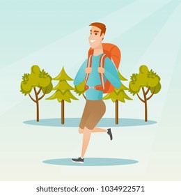 Young caucasian white backpacker with a backpack walking outdoor. Cheerful backpacker hiking in the forest during summer trip. Vector cartoon illustration. Square layout.