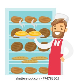 Young caucasian white baker in chef hat and apron holding a tray with bread in the bakery. Smiling hipster baker standing near the bread rack. Vector cartoon illustration isolated on white background.