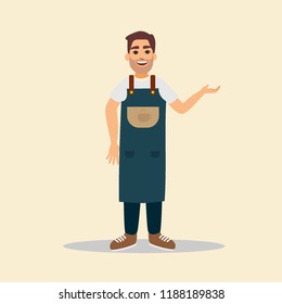 Young caucasian white barista standing Vector cartoon illustration isolated . Square layout.