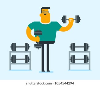Joven culturista caucásico blanco haciendo ejercicios con un pesado timbre de dumbal. Alegres deportistas musculares bombeando bicicletas en el gimnasio. Concepto de actividad física. Ilustración de dibujos animados.