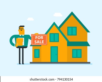 Young caucasian white broker offering the house for sale. Broker with placard for sale and documents in hands standing on the background of house for sale. Vector cartoon illustration.