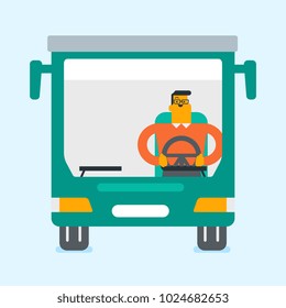 Young Caucasian White Bus Driver Sitting At Steering Wheel. Smiling Bus Driver Sitting In The Driver Cab And Driving A Passenger Bus. Vector Cartoon Illustration. Square Layout.