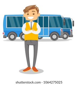 Junge, kaukasische weiße Busfahrer in gleichmäßiger Position auf dem Hintergrund von Bussen. Busfahrer, der sich gegen einen blauen Touristenbus stellt. Vektorgrafik-Illustration einzeln auf weißem Hintergrund. Quadratisches Layout.