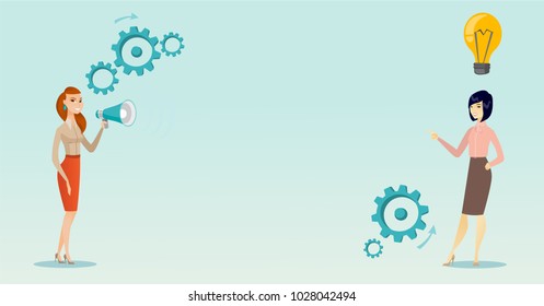 Young caucasian white business woman speaking to megaphone and making announcement for business idea. Creative idea and business announcement concept. Vector cartoon illustration. Horizontal layout.