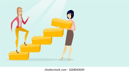 Young caucasian white business woman runs up the career ladder while another woman builds this ladder. Happy business woman climbing the career ladder. Vector cartoon illustration. Horizontal layout.
