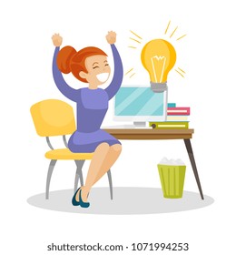 Young caucasian white business woman working on a laptop on a new business idea. Happy woman got a creative idea. Business idea concept. Vector cartoon illustration isolated on white background.