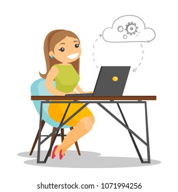 Young caucasian white business woman working on a laptop under the cloud. Woman using cloud computing technologies. Cloud computing concept. Vector cartoon illustration isolated on white background.