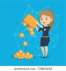 Young caucasian white business woman shaking out bitcoin coins from her briefcase. Blockchain network technology, bitcoin trading and cryptocurrency mining concept. Vector cartoon illustration.