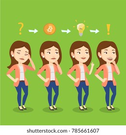 Young caucasian white business woman with question mark, bitcoin coin, light bulb and exclamation sign symbolizing that she got an idea for cryptocurrency business project. Vector cartoon illustration