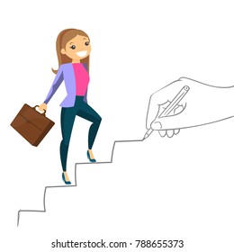 Young caucasian white business woman running up the stairs drawn by hand with pencil. Happy feminist climbing the career ladder. Vector cartoon illustration isolated on white background.