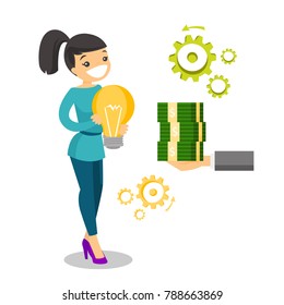 Young caucasian white business woman exchanging her business idea light bulb for stack of money. Business woman selling her business idea. Vector cartoon illustration isolated on white background.